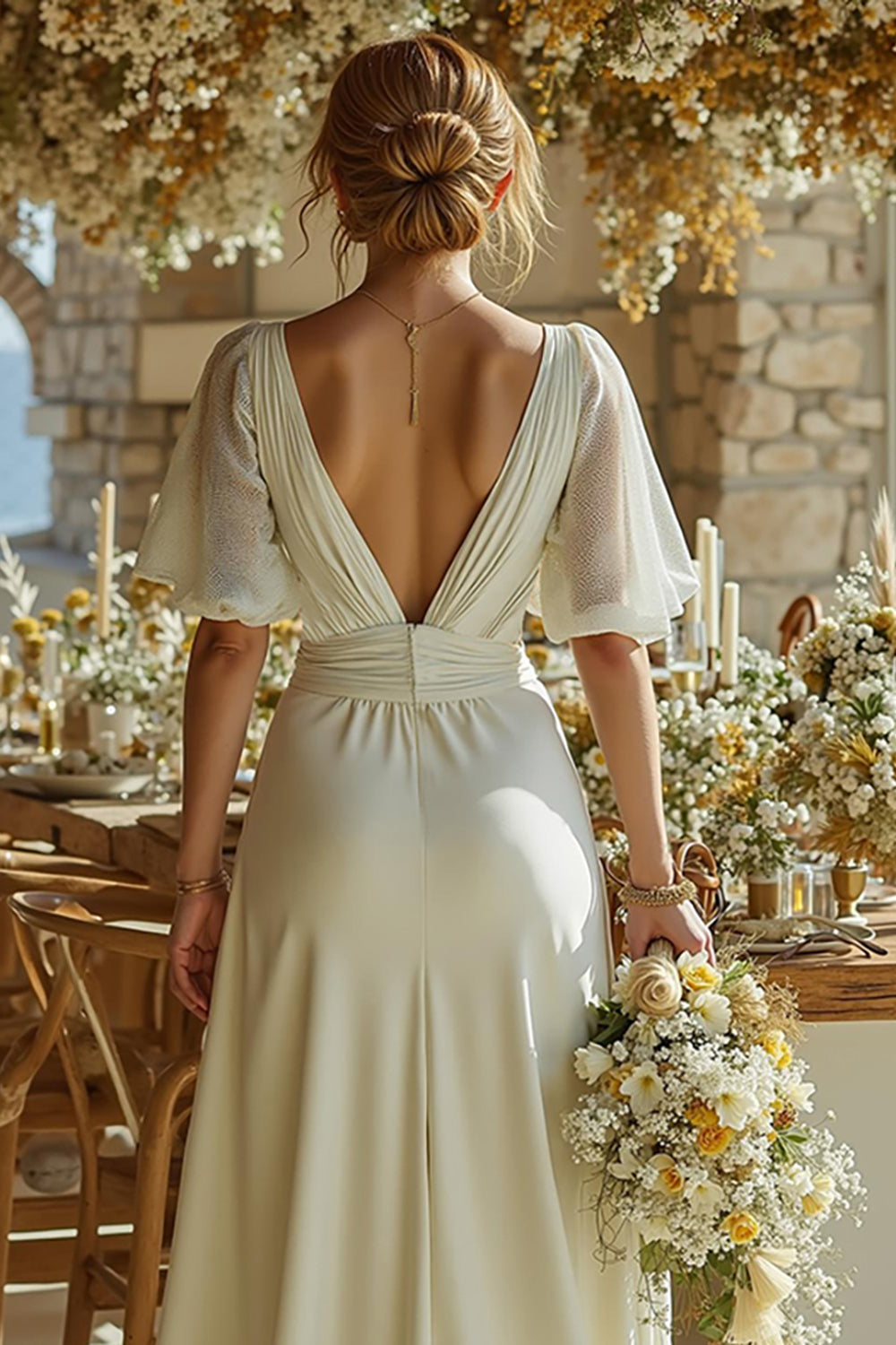 Deep V-Neck Short-Sleeves Chiffon&Satin Pleated Jumpsuit Wedding Dress