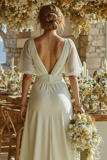 Deep V-Neck Short-Sleeves Chiffon&Satin Pleated Jumpsuit Wedding Dress
