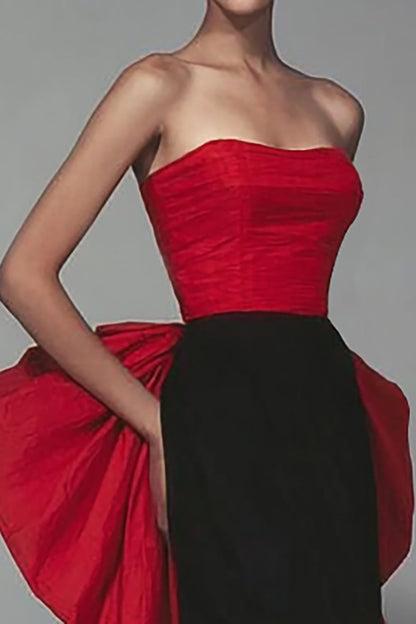 Black and Red Strapless Mermaid Long Formal Dress with Bow