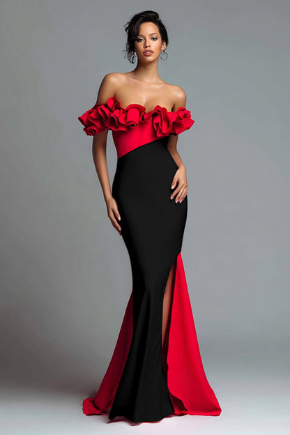 Black and Red Mermaid Ruffled Off the Shoulder Long Formal Dress with Slit
