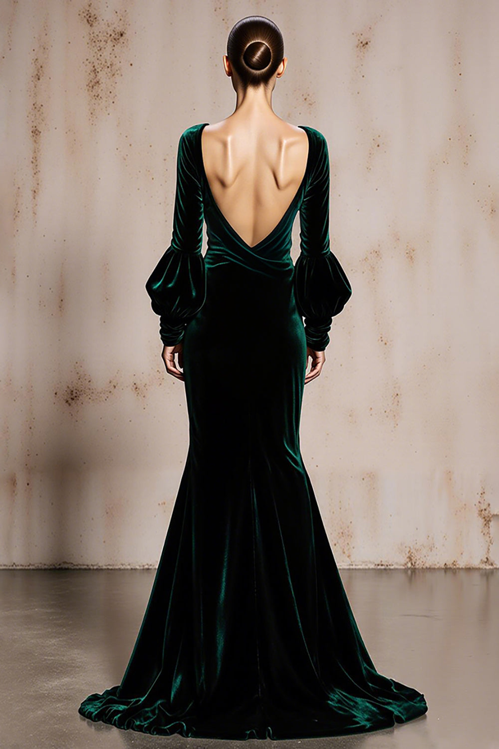 Velvet V Neck Mermaid Dark Green Long Evening Dress with Sleeve