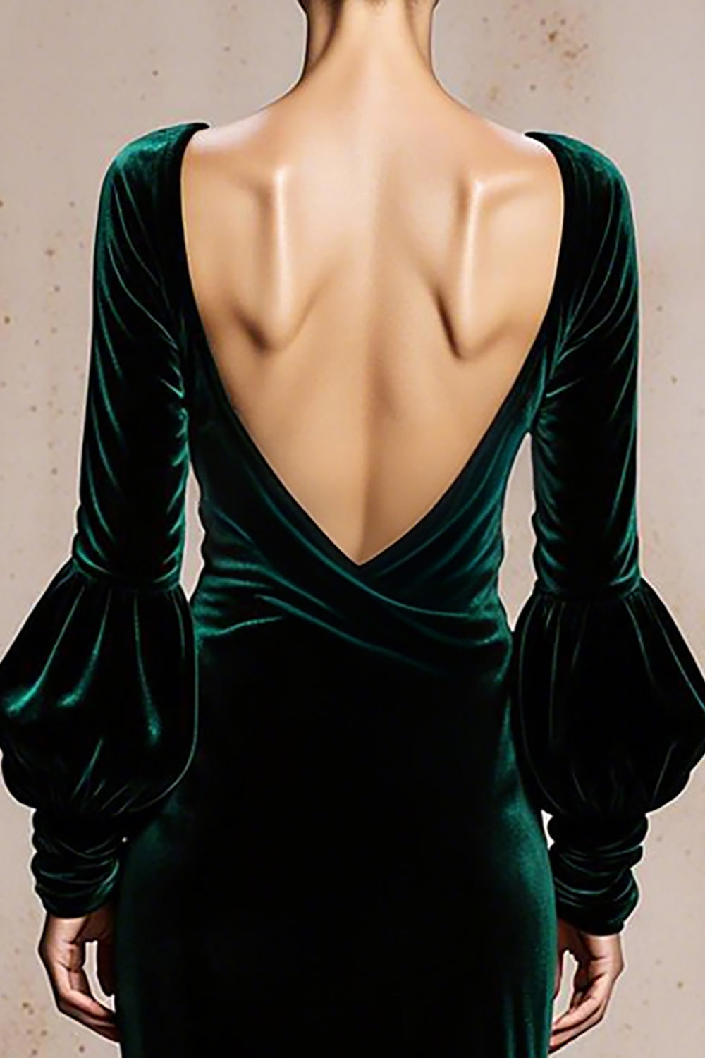 Velvet V Neck Mermaid Dark Green Long Evening Dress with Sleeve
