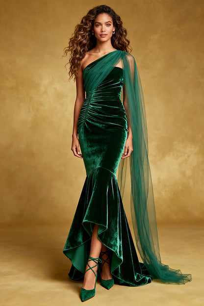 Dark Green Velvet One Shoulder Mermaid Pleated Long Evening Dress with Ruffles