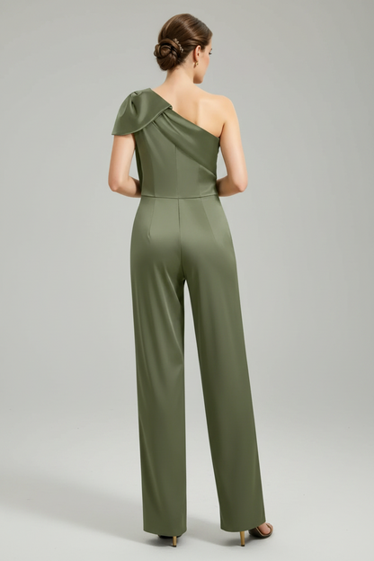 Elegant One Shoulder Satin Jumpsuit with Overskirt