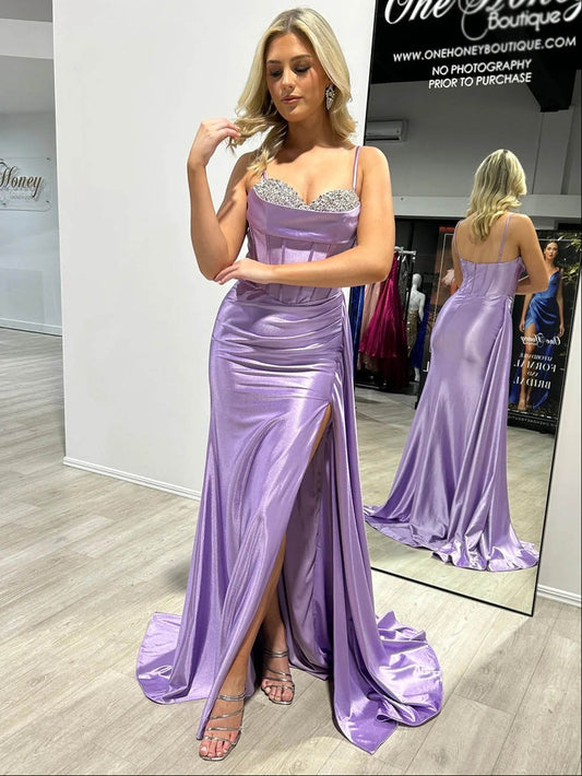 Crystal Sexy Slit Spaghetti Strap Formal Evening Dress
