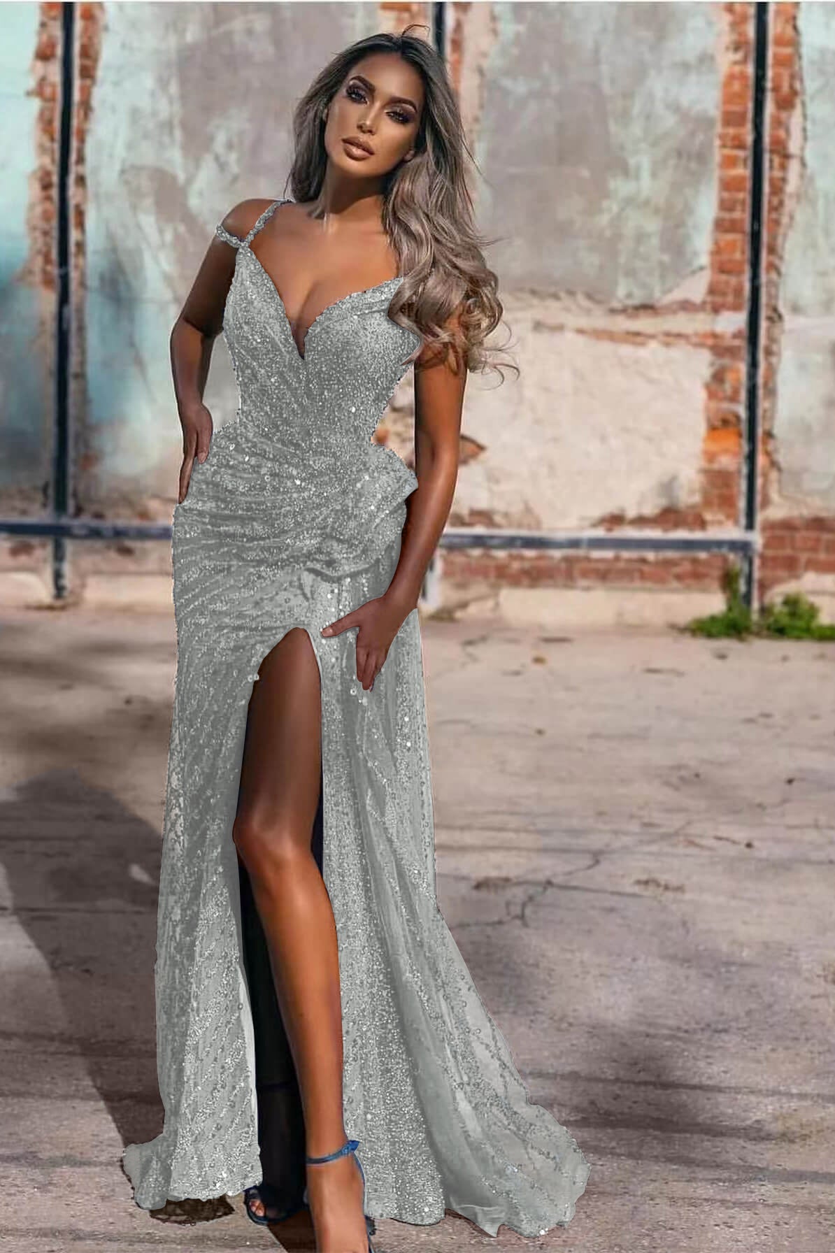 Royal Blue Off the Shoulder Sleeveless Evening Dress