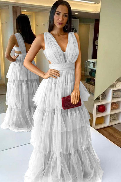 Sleeveless Long Pleated A-Line Prom Dress With Ruffles