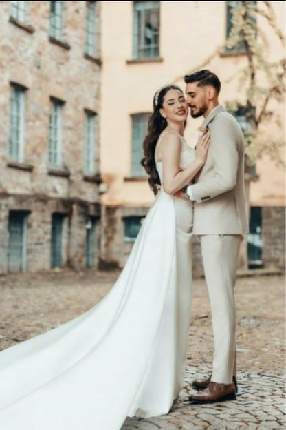 Romantic A-Line Spaghetti Strap Square Sleeveless Satin Wedding Dress