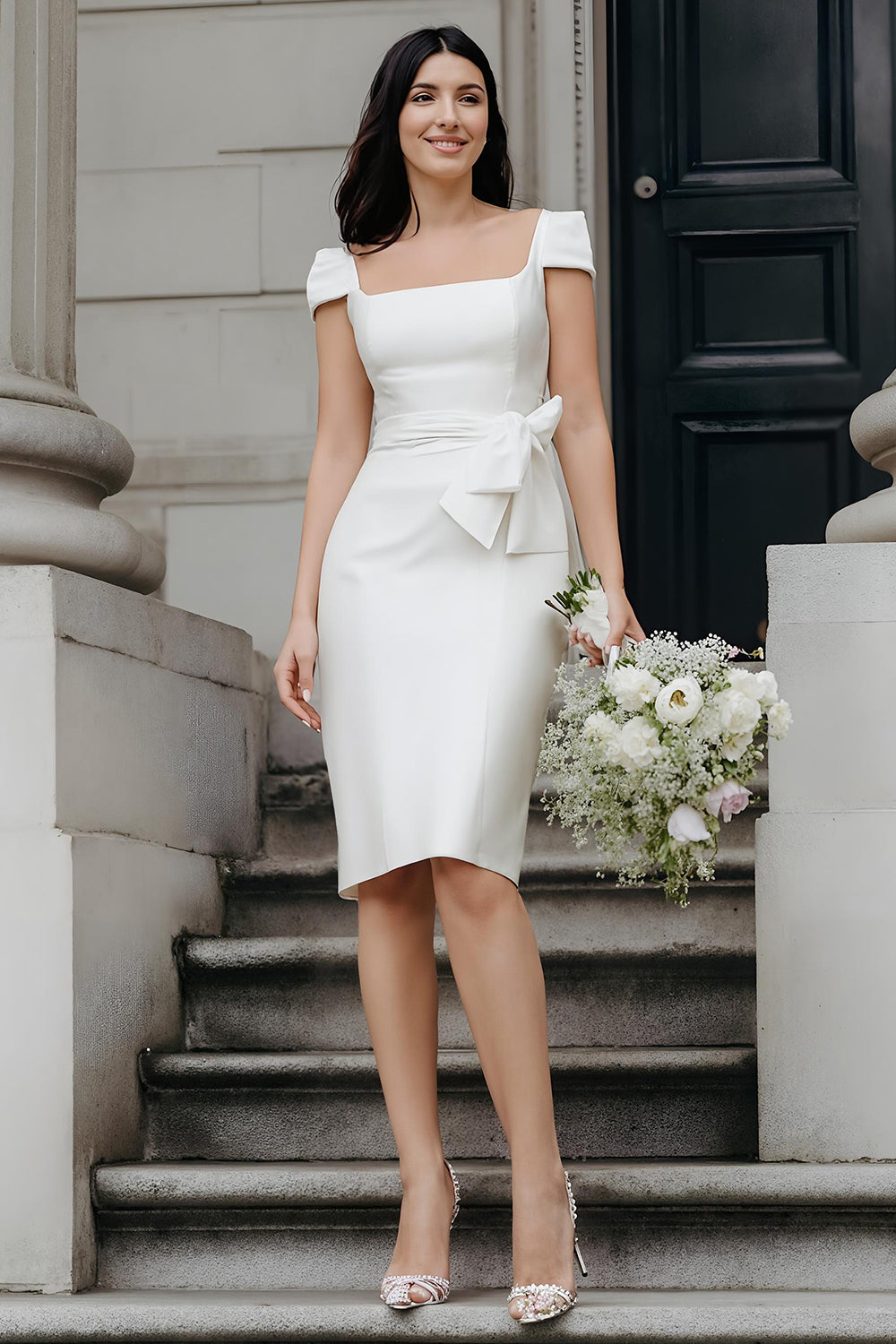 White Bodycon Square Neck Midi Wedding Dress with Bow