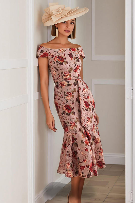 Dusty Rose Flower Mermaid Print Midi Mother Of The Bride Dress