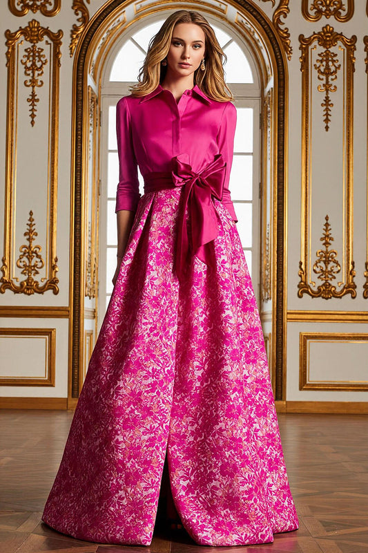 Collared Half-Sleeves Floor-Length A-Line Mother of the Bride Dress with Slit