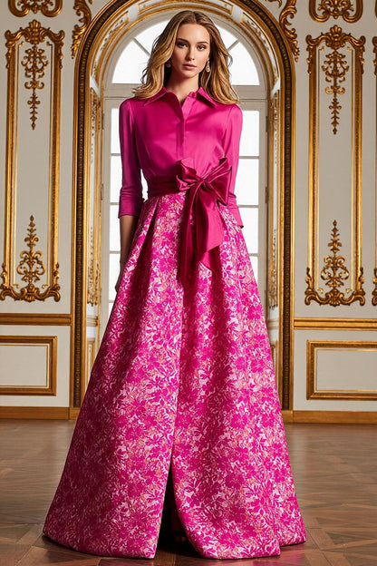 Fuchsia Floral Lapel Neck Long A Line Mother of the Bride Dress with Slit