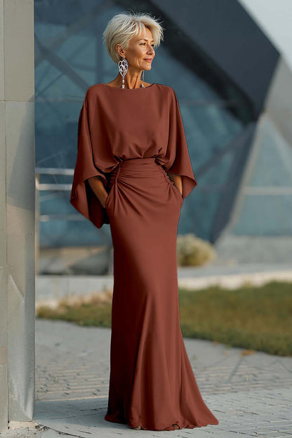 Scoop-Neck Half-Sleeves Satin Pleated Mermaid Mother of the Bride Dress