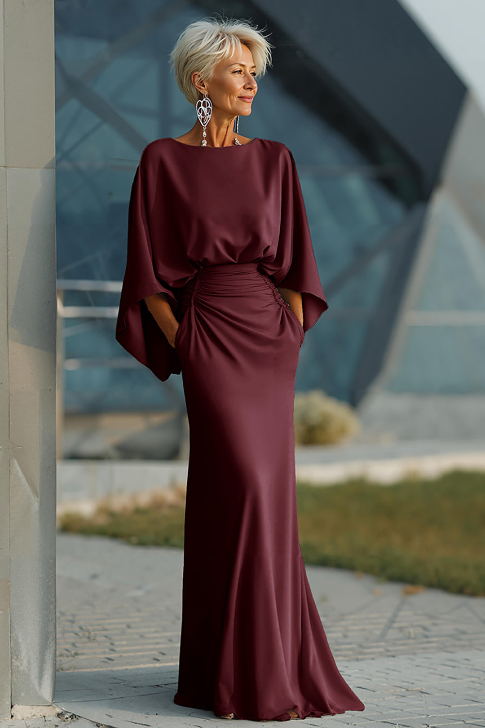 Scoop-Neck Half-Sleeves Satin Pleated Mermaid Mother of the Bride Dress
