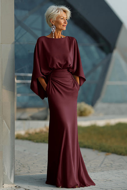 Scoop-Neck Half-Sleeves Satin Pleated Mermaid Mother of the Bride Dress