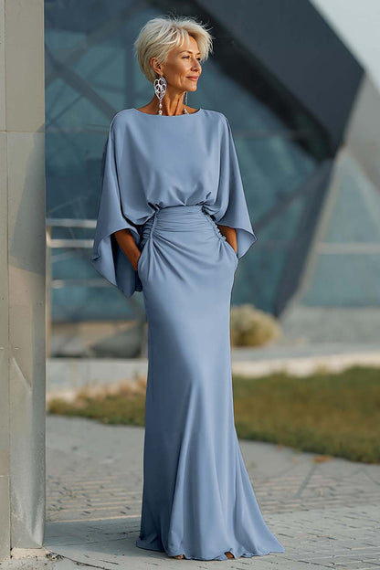 Scoop-Neck Half-Sleeves Satin Pleated Mermaid Mother of the Bride Dress