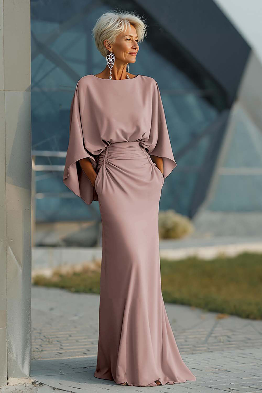 Scoop-Neck Half-Sleeves Satin Pleated Mermaid Mother of the Bride Dress