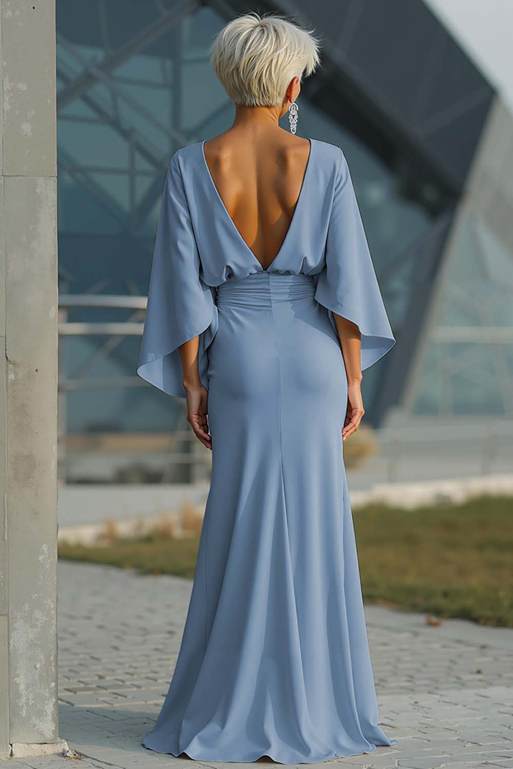 Scoop-Neck Half-Sleeves Satin Pleated Mermaid Mother of the Bride Dress