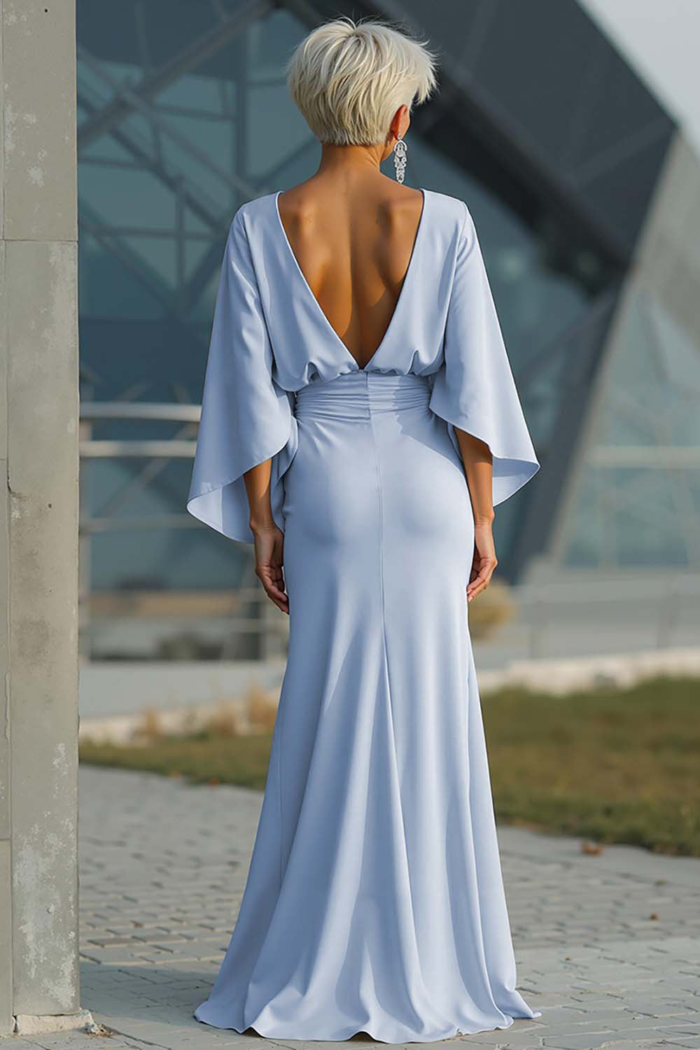 Scoop-Neck Half-Sleeves Satin Pleated Mermaid Mother of the Bride Dress