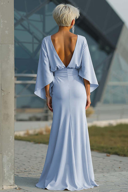 Scoop-Neck Half-Sleeves Satin Pleated Mermaid Mother of the Bride Dress