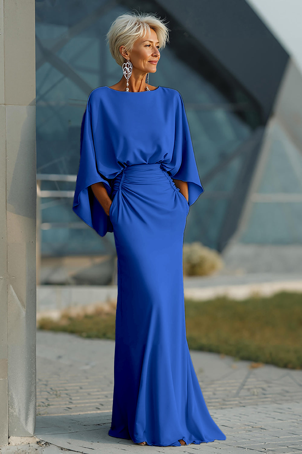 Scoop-Neck Half-Sleeves Satin Pleated Mermaid Mother of the Bride Dress