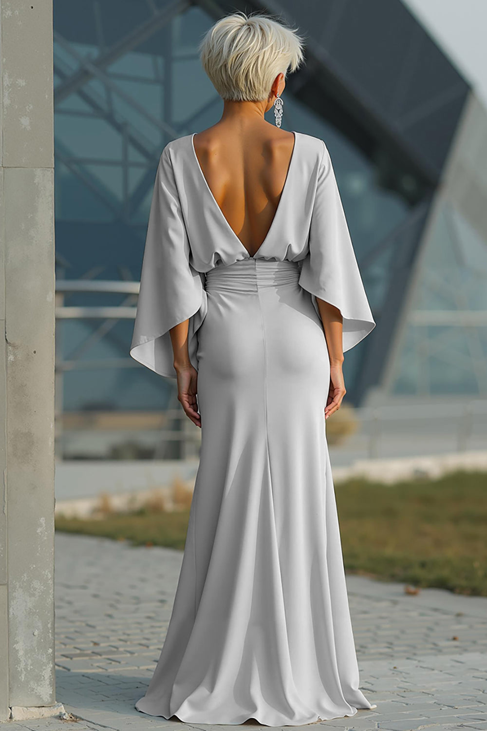 Scoop-Neck Half-Sleeves Satin Pleated Mermaid Mother of the Bride Dress