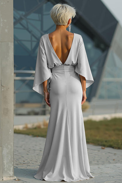 Scoop-Neck Half-Sleeves Satin Pleated Mermaid Mother of the Bride Dress