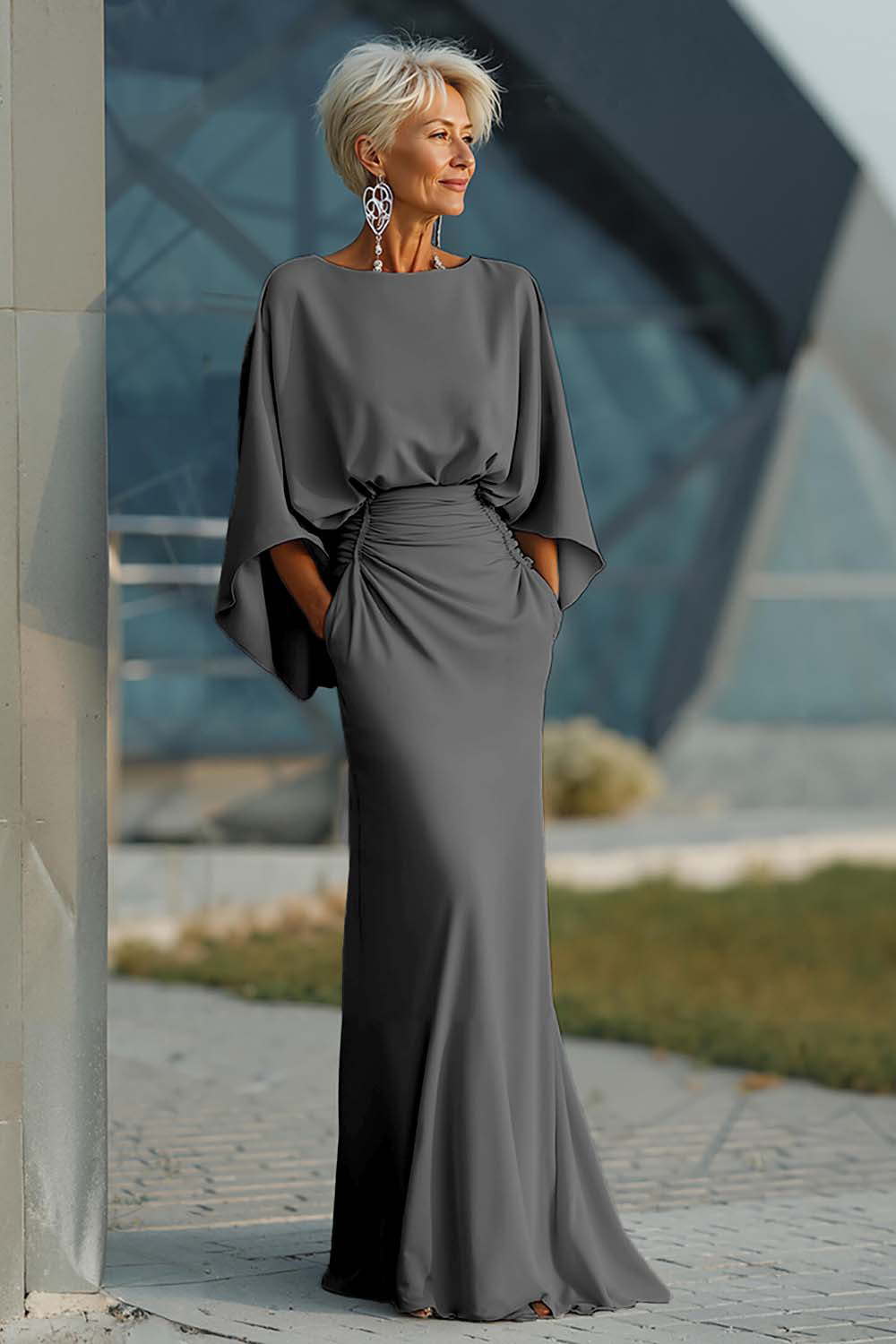 Scoop-Neck Half-Sleeves Satin Pleated Mermaid Mother of the Bride Dress