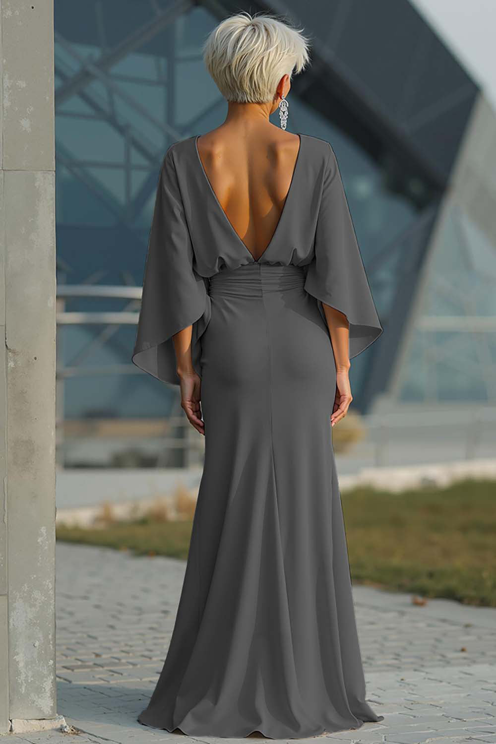 Scoop-Neck Half-Sleeves Satin Pleated Mermaid Mother of the Bride Dress