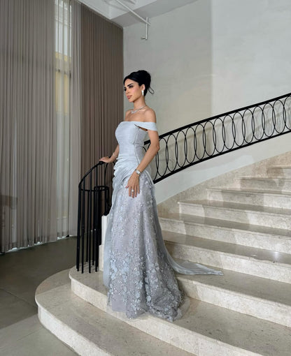Appealing Blue Off-the-Shoulder Prom Dress Pleated with Applique