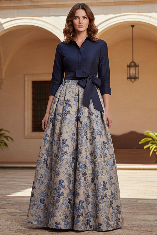 Navy Jacquard 3/4 Sleeves A-Line Long Mother of the Bride Dress with Bowknot