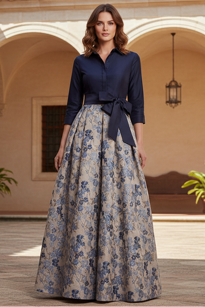 Navy Jacquard 3/4 Sleeves A-Line Long Mother of the Bride Dress with Bowknot