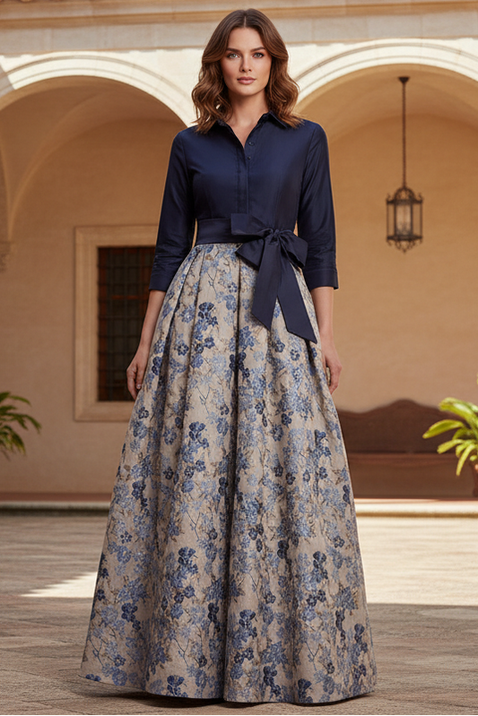 Navy Jacquard 3/4 Sleeves A-Line Long Mother of the Bride Dress with Bowknot