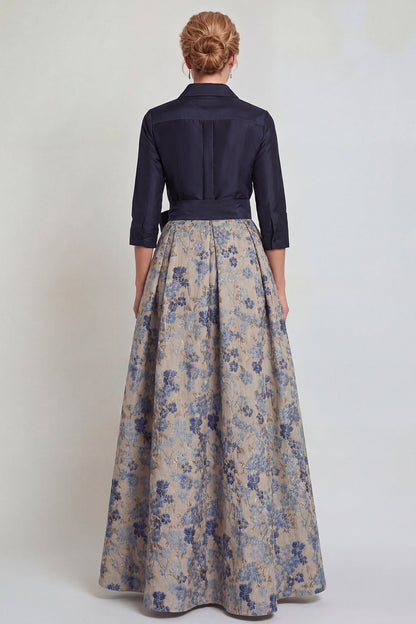 Navy Jacquard 3/4 Sleeves A-Line Long Mother of the Bride Dress with Bowknot