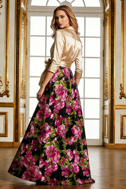 Fuchsia Floral A Line Long Mother of the Bride Dress with 3/4 Sleeves