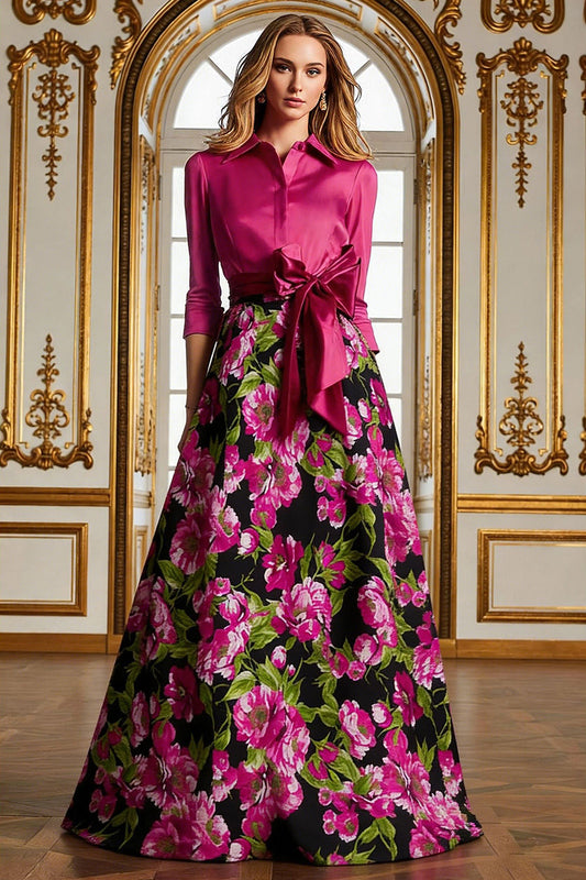 Collared Half-Sleeves Print-Satin A-Line Mother of the Bride Dress
