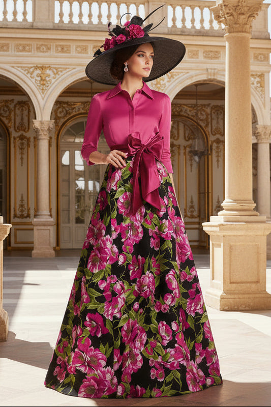 Fuchsia Floral A Line Long Mother of the Bride Dress with 3/4 Sleeves