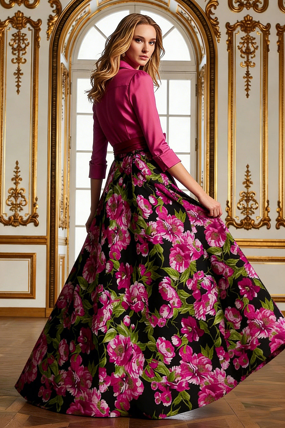 Fuchsia Floral A Line Long Mother of the Bride Dress with 3/4 Sleeves