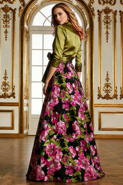 Collared Half-Sleeves Print-Satin A-Line Mother of the Bride Dress