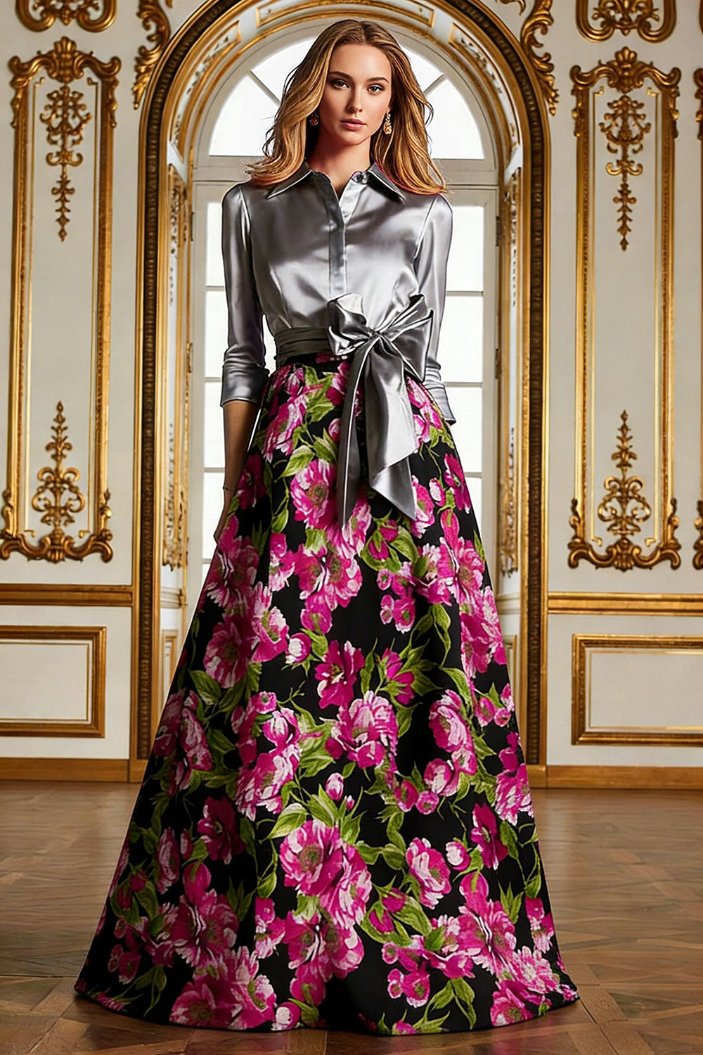 Fuchsia Floral A Line Long Mother of the Bride Dress with 3/4 Sleeves