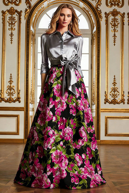 Fuchsia Floral A Line Long Mother of the Bride Dress with 3/4 Sleeves