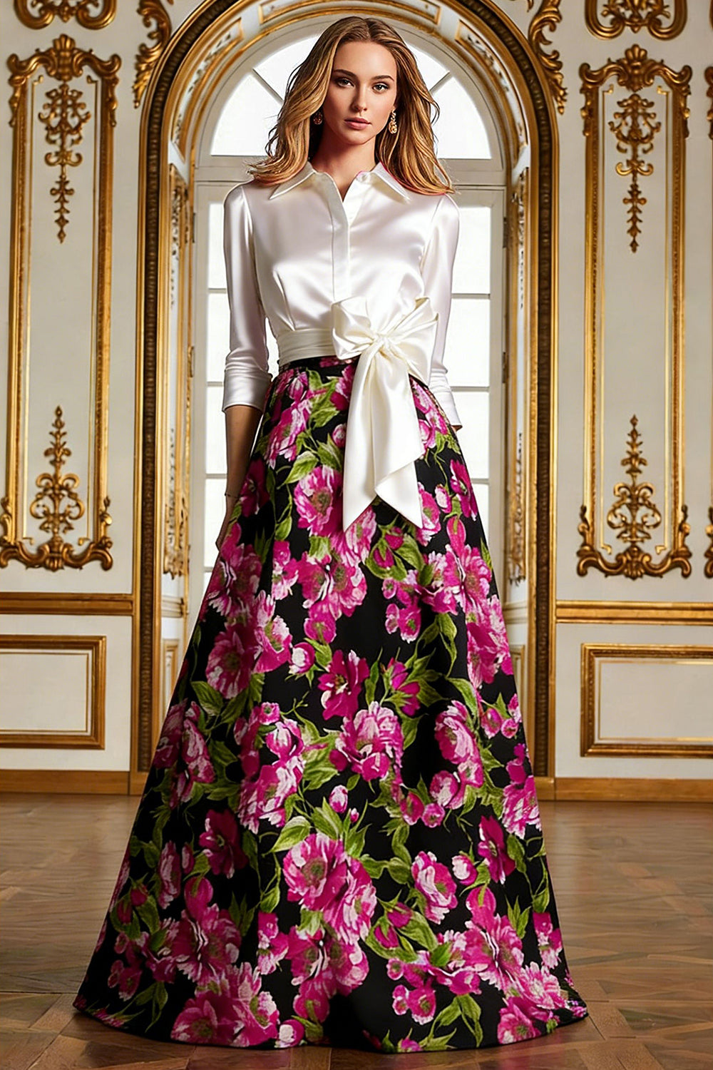 Fuchsia Floral A Line Long Mother of the Bride Dress with 3/4 Sleeves