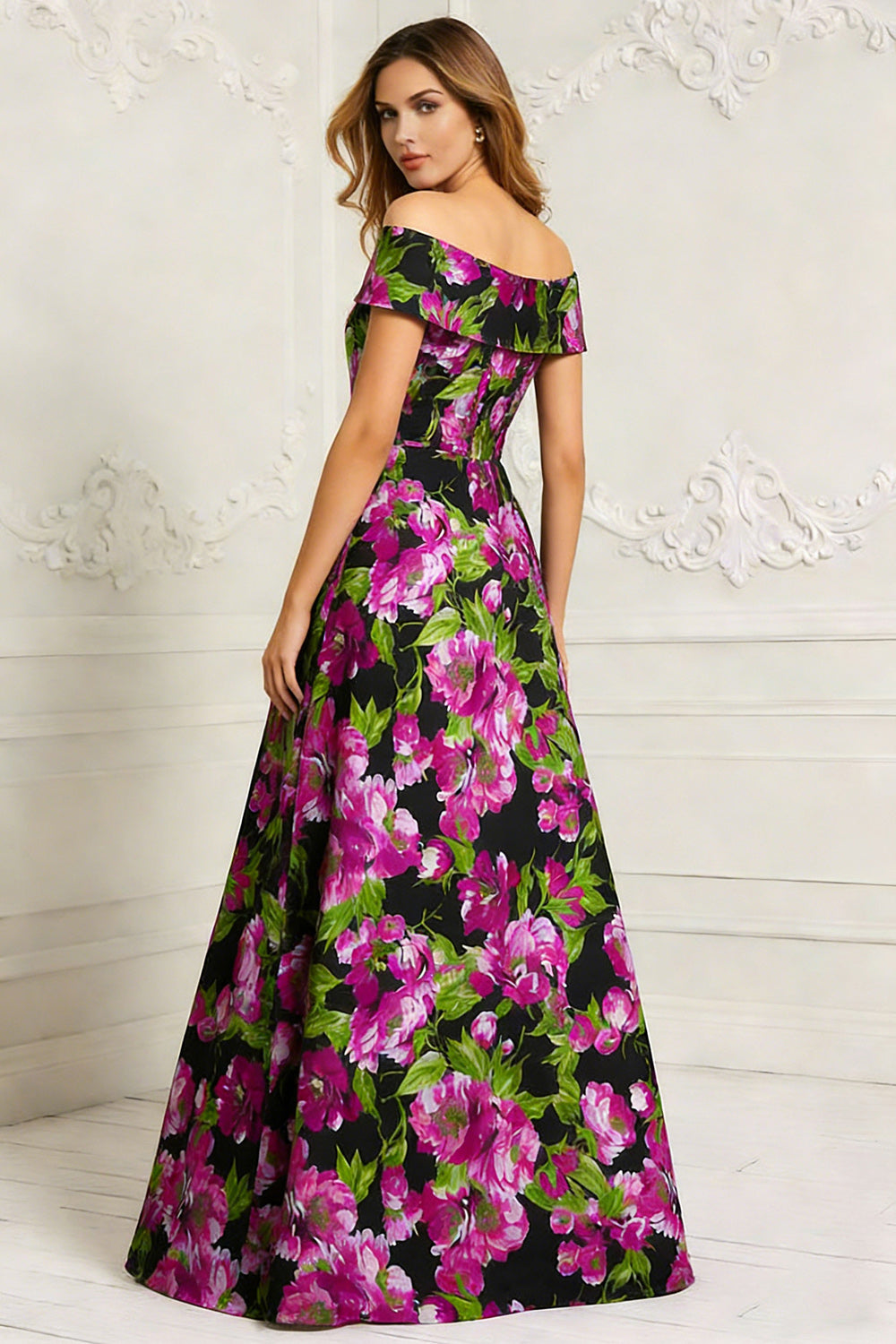 Black Floral A Line Printed Long Mother of the Bride Dress