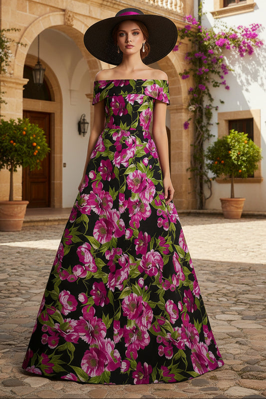 Black Floral A Line Printed Long Mother of the Bride Dress