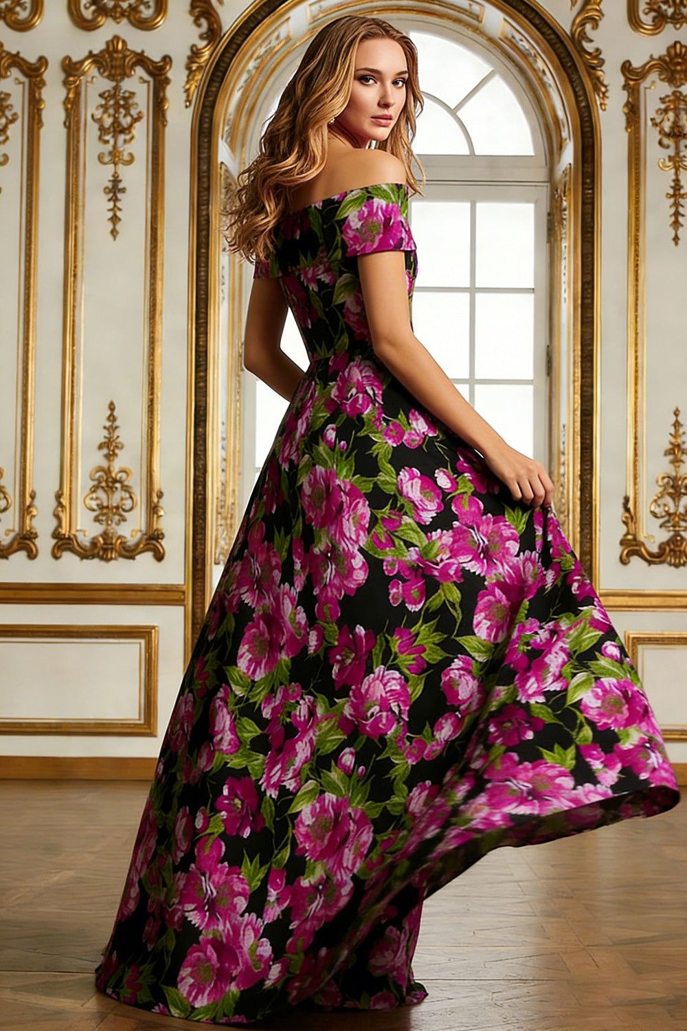 Black Floral A Line Printed Long Mother of the Bride Dress