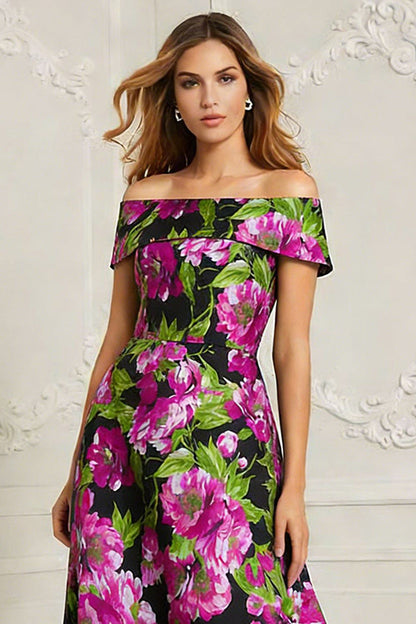 Black Floral A Line Printed Long Mother of the Bride Dress