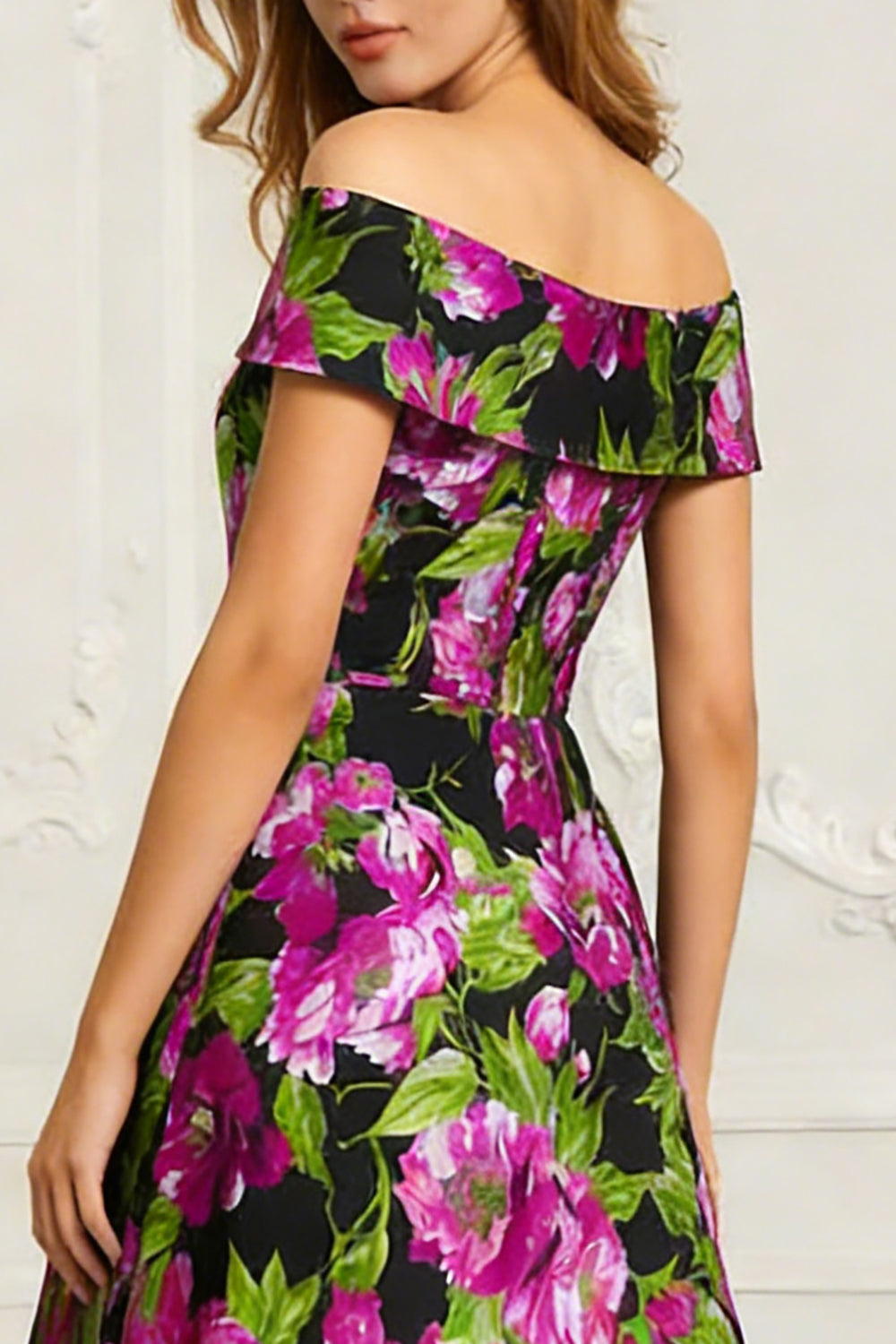 Black Floral A Line Printed Long Mother of the Bride Dress