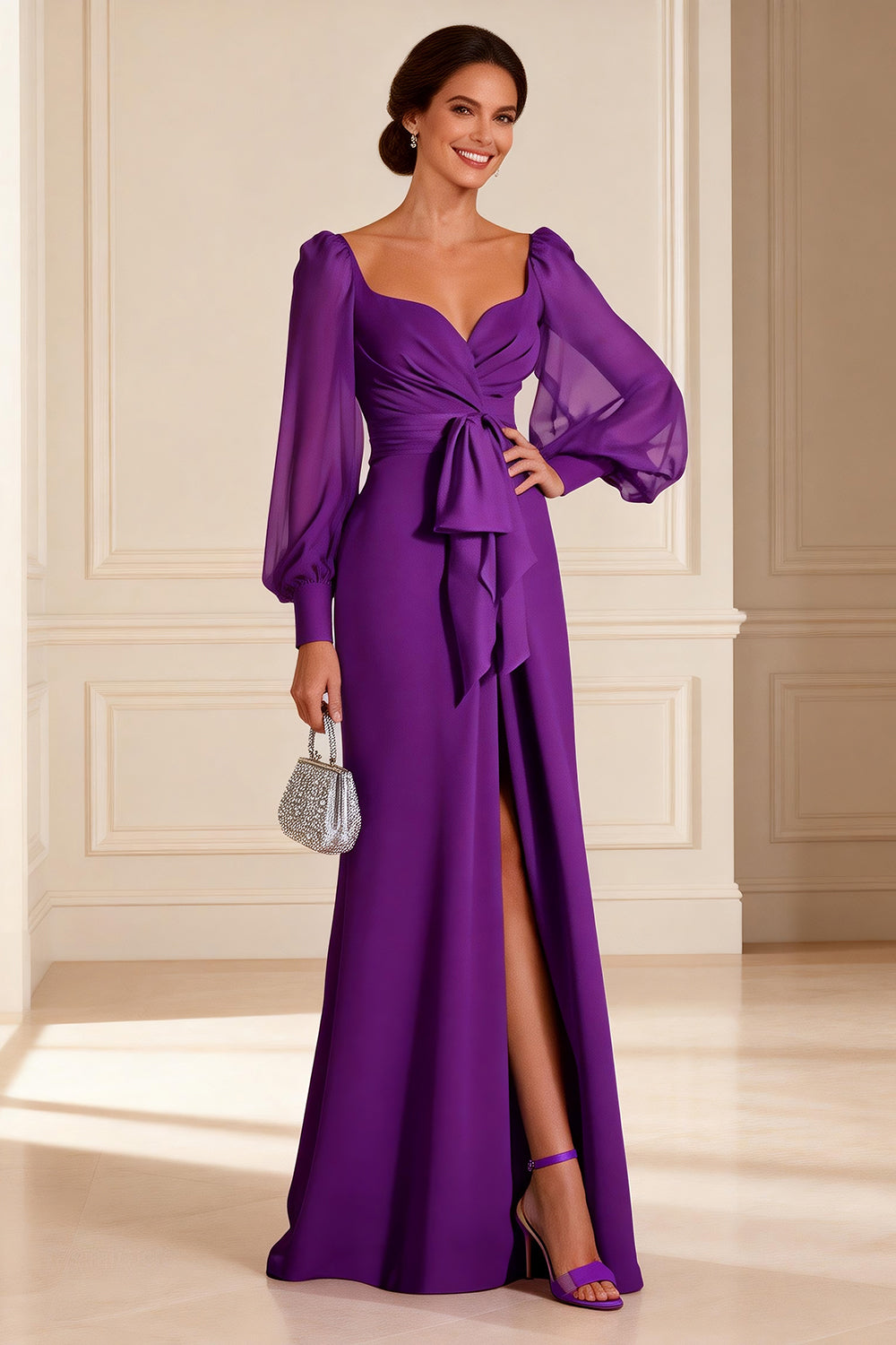 Purple Chiffon Sheath Long Sleeves Mother of the Bride Dress