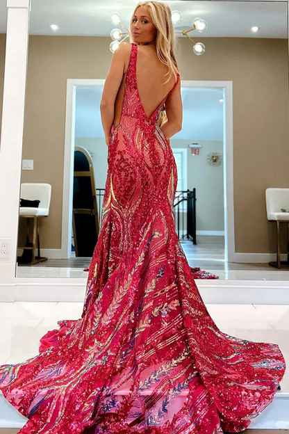 Stunning Mermaid Sleeveless V-Neck Sequins Appliques Long Prom Dress