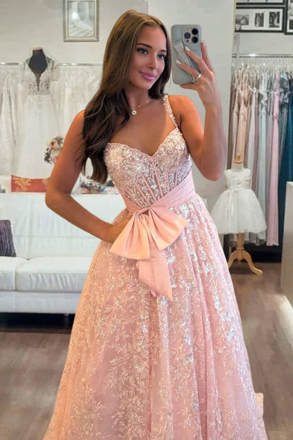 Sparkly A-Line Pink Corset Sequin Lace Long Prom Dress
